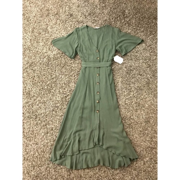 Altar’d State NWT button down, ruffle hem, olive green maxi dress - Picture 3 of 11